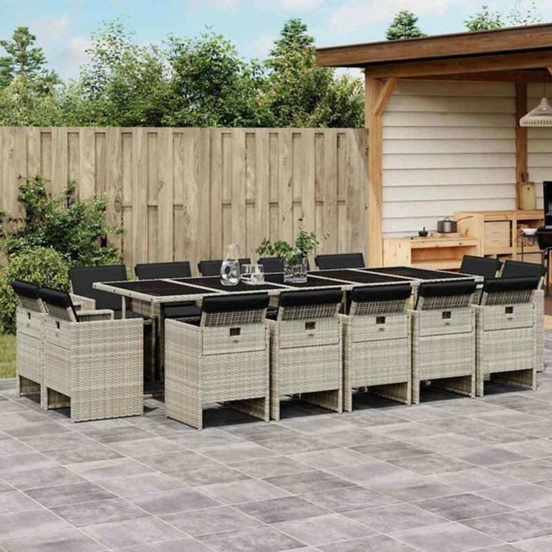 vidaxl 17-teilige moderne Garten-Essgruppe aus Poly-Rattan mit Kissen in Hellgrau und Schwarz - Bild 1