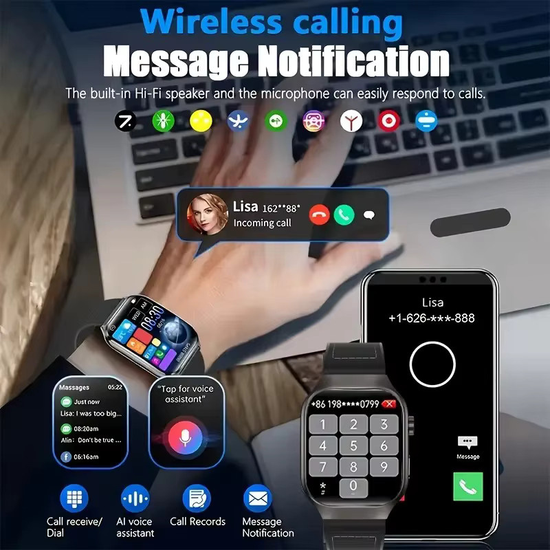 LAXASFIT Smartwatch mit gebogenem 2,01 Zoll Touchscreen, Bluetooth-Anruf, kabellosem Laden, Herzfrequenzmessung und Sprachassistent in Schwarz oder Blau - Bild 2