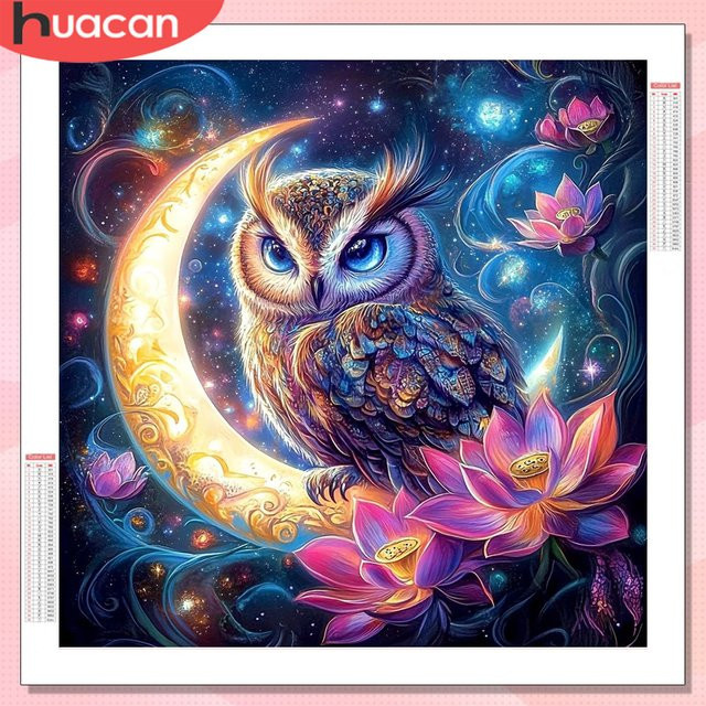 HUACAN Diamant-Mosaik Set Eulen in Mondlandschaft, Mehrfarbig, B/H: 20 x 20 cm - Bild 1