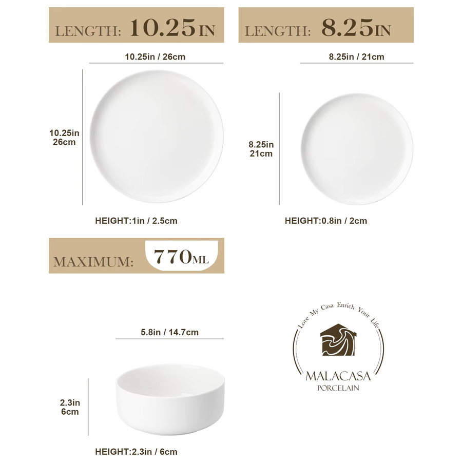 Malacasa Geschirrset aus Porzellan in Weiß, 18-teiliges Dinner Set mit Tellern und Schüsseln, einfarbig - Bild 1