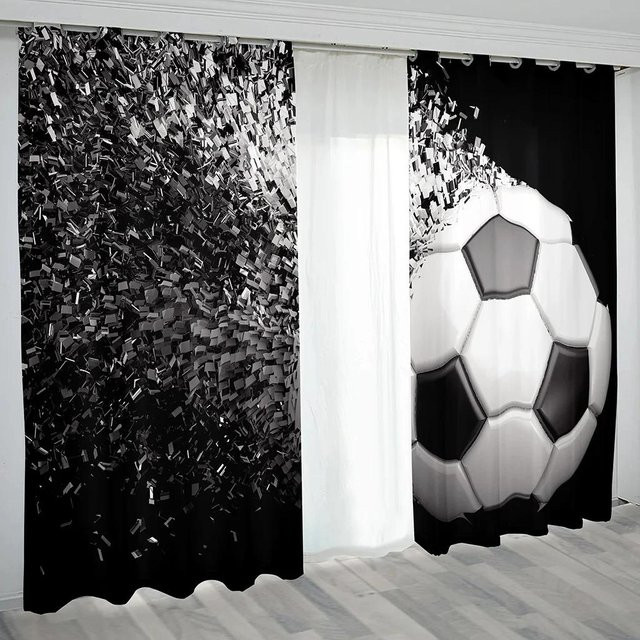 Modernes 3D-Vorhang Set mit Fußball-Motiv für Jungen und Teenager, 2 Paneele, halbtransparent, Schwarz-Weiß, B: 50 cm, H: 160 cm - Bild 1