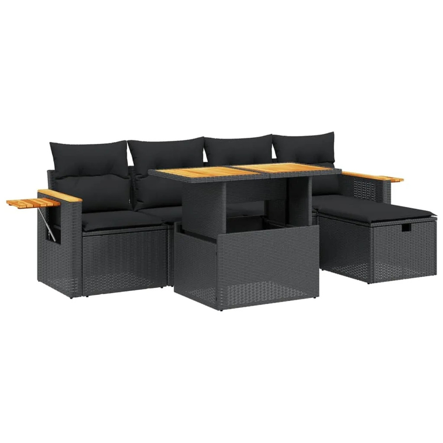 vidaXL 6-teilige Garten-Sofagarnitur aus Poly-Rattan und Akazienholz in Schwarz mit Kissen - Bild 2