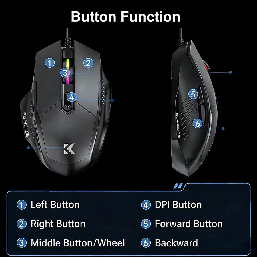 Kebidumei 6D Gaming-Maus mit RGB-Lichteffekt, ergonomische USB-Maus für E-Sport und Laptop, Schwarz, 1200-7200 DPI - Bild 6