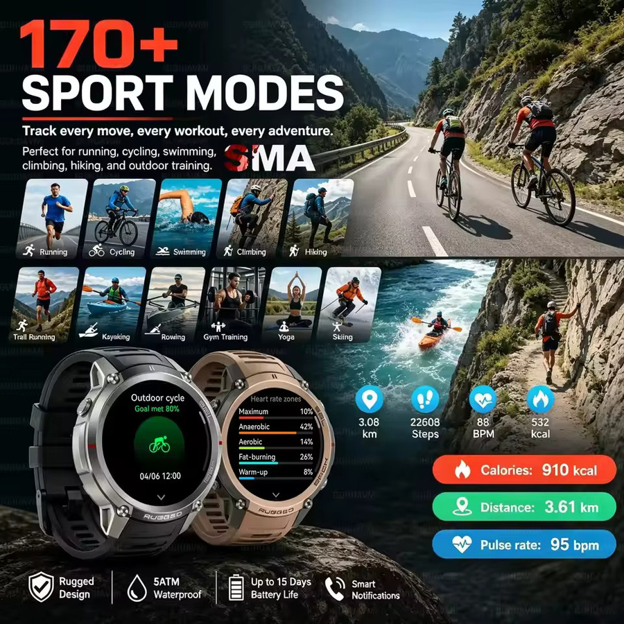 GUHUAVMI Militärische GPS-Smartwatch in Gold mit Offline-Karte, 5ATM Wasserdichtigkeit, Höhenkompass und Bluetooth-Anruffunktion für Outdoor-Sport und Fitness - Bild 6