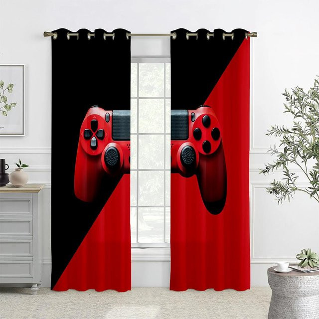 2er-Set Dekorative Gaming Vorhänge mit Game Controller Print, Rot, B: 50 cm, H: 140 cm - Bild 1
