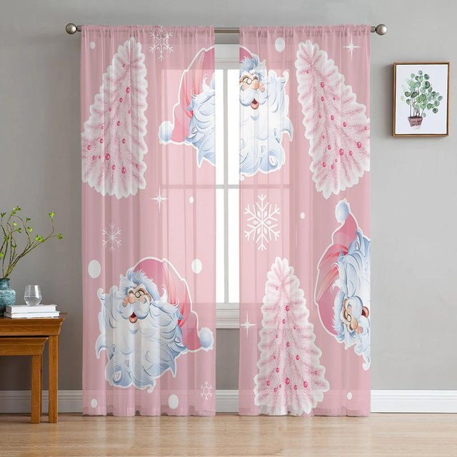 Transparente Tüll-Vorhänge mit Weihnachtsbaum, Weihnachtsmann und Schneeflocken in Rosa und Weiß, Breite: 135 cm, Höhe: 115 cm - Bild 1