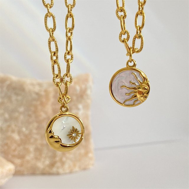 amofa Halskette mit Anhänger Sonne und Mond, Edelstahl, Gold, Damen - Bild 1