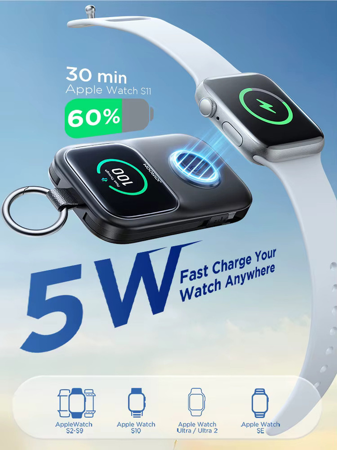 Joyroom Powerbank JR-W19 in Schwarz mit 5000mAh Kapazität, integriertem USB-C-Kabel, 20W PD Schnellladung und kabellosem Ladegerät für Apple Watch - Bild 2