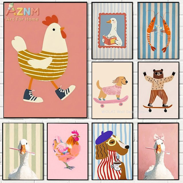 AZNM Bunte Leinwand-Wandkunst mit Cartoon-Tier-Illustrationen im Folk-Print für Kinder, ungerahmt, Mehrfarbig - Bild 1