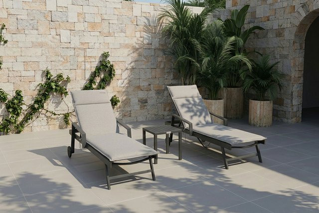 OUTFLEXX Liegen-Set in Anthrazit und Nature mit Aluminiumgestell, Textilene und Polyester, inklusive rollbarem Tisch mit Maßen 40 x 40 cm und verstellbaren Rückenlehnen - Bild 1