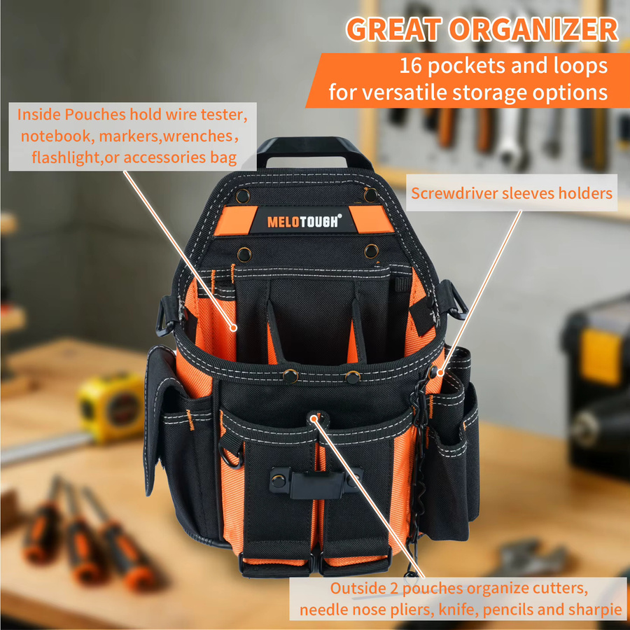 Meloworkgear Elektriker-Werkzeugtasche Schwarz mit Schultergurt und 15 Fächern sowie Gürtelclip und Schnellverschluss, B/H/T: 27,9 x 25,4 x 12,7 cm - Bild 2