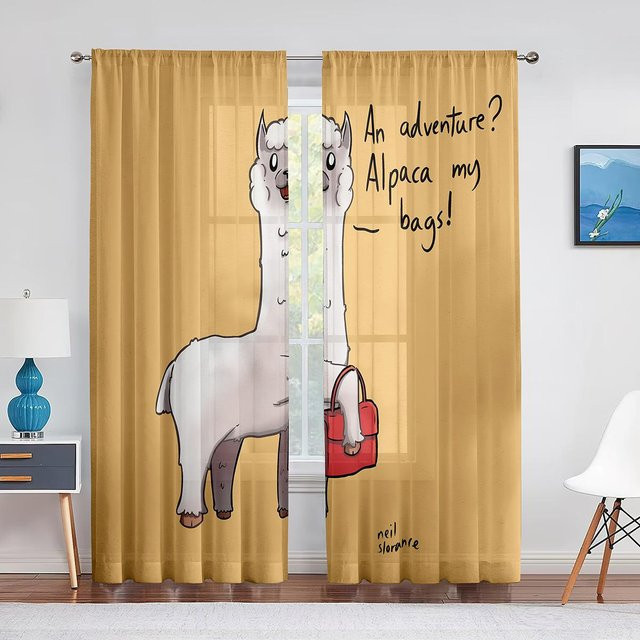 Transparenter Voile Vorhang mit Cartoon Lama Alpaka Motiv in Rosa, Chiffon Tüll Vorhang mit Ösen, Breite: 100 cm, Höhe: 250 cm - Bild 1