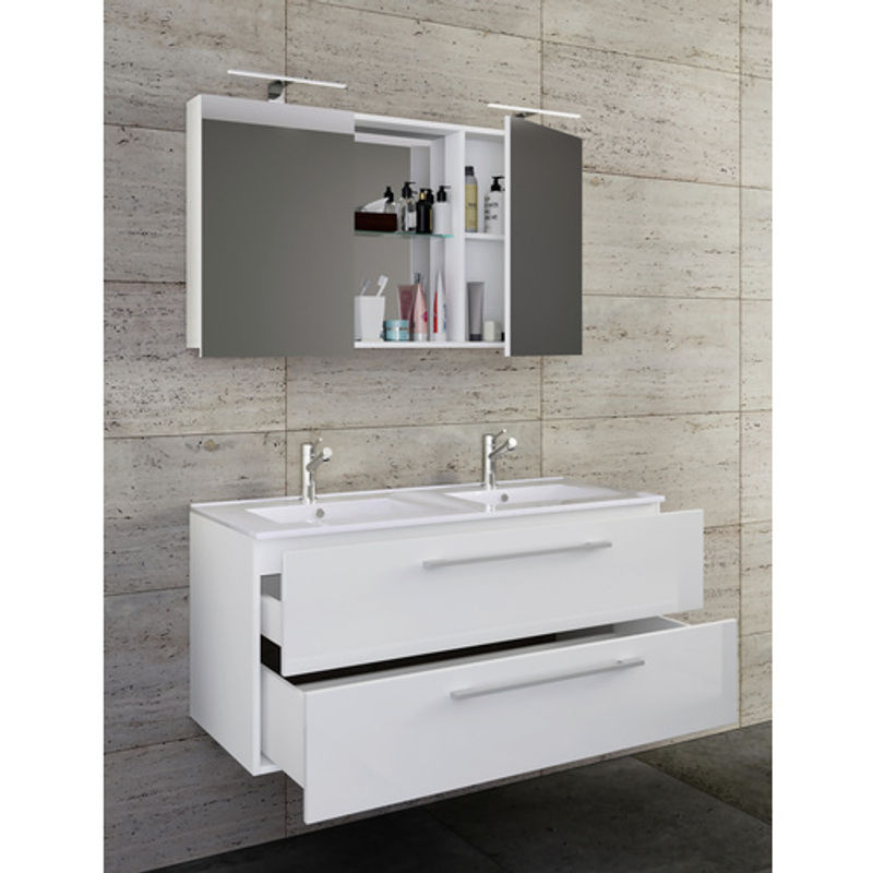 VCM Badmöbel-Set Budasi 3-teilig in Weiss mit Doppelwaschbecken, Unterschrank und Spiegelschrank - Bild 3