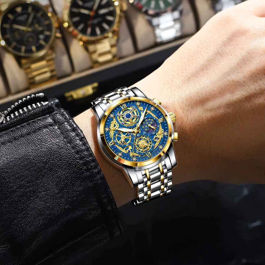 POEDAGAR Armbanduhr Chronograph, Quarz, Edelstahl, Blau, Herren - Bild 5