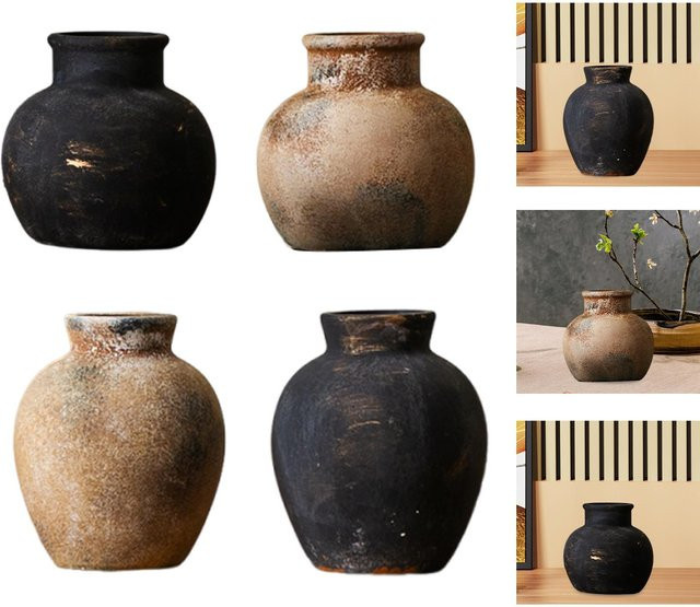 Rustikale Keramikvase Kesoto in Schwarz für Tischdekoration und Büro, Höhe: 15,0 cm, Durchmesser: 12,7 cm - Bild 1