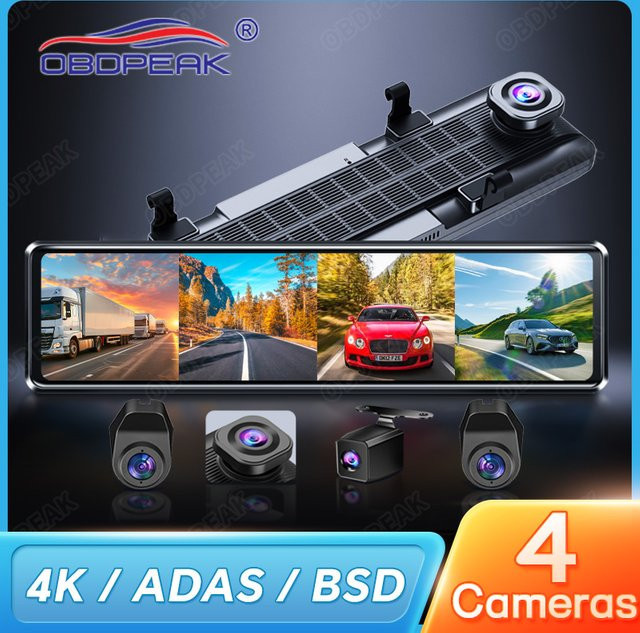 OBDPEAK A8 4CH Rückspiegel Dash Cam mit 4K Auflösung, 11,26 Zoll Display, Blind Spot Assist, ADAS und WIFI in Schwarz - Bild 1