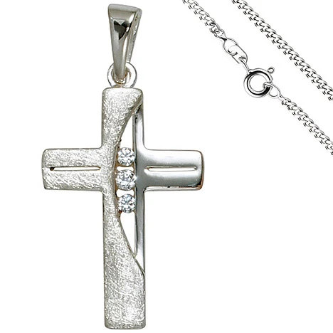 Colfem Anhänger Kreuz, 925 Silber, 3 Zirkonia, mit Kette 50 cm, Unisex - Bild 1