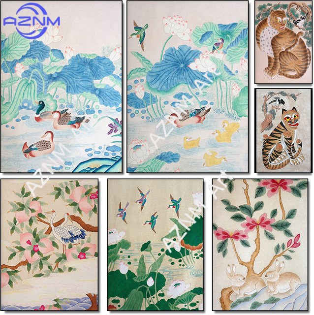 KAYOU Leinwandgemälde mit traditioneller koreanischer Landschaftskunst, Lotusblumen und Vögeln in Mehrfarbig, Retro-Wandkunst für deine Heimdekoration - Bild 1