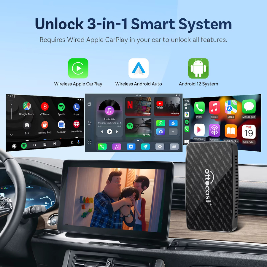 Ottocast Play2video Pro AI Box Kabelloser CarPlay und Android Auto Adapter mit 1080P Bildschirmspiegelung sowie integriertem YouTube, Netflix, TikTok und IPTV in Schwarz - Bild 2