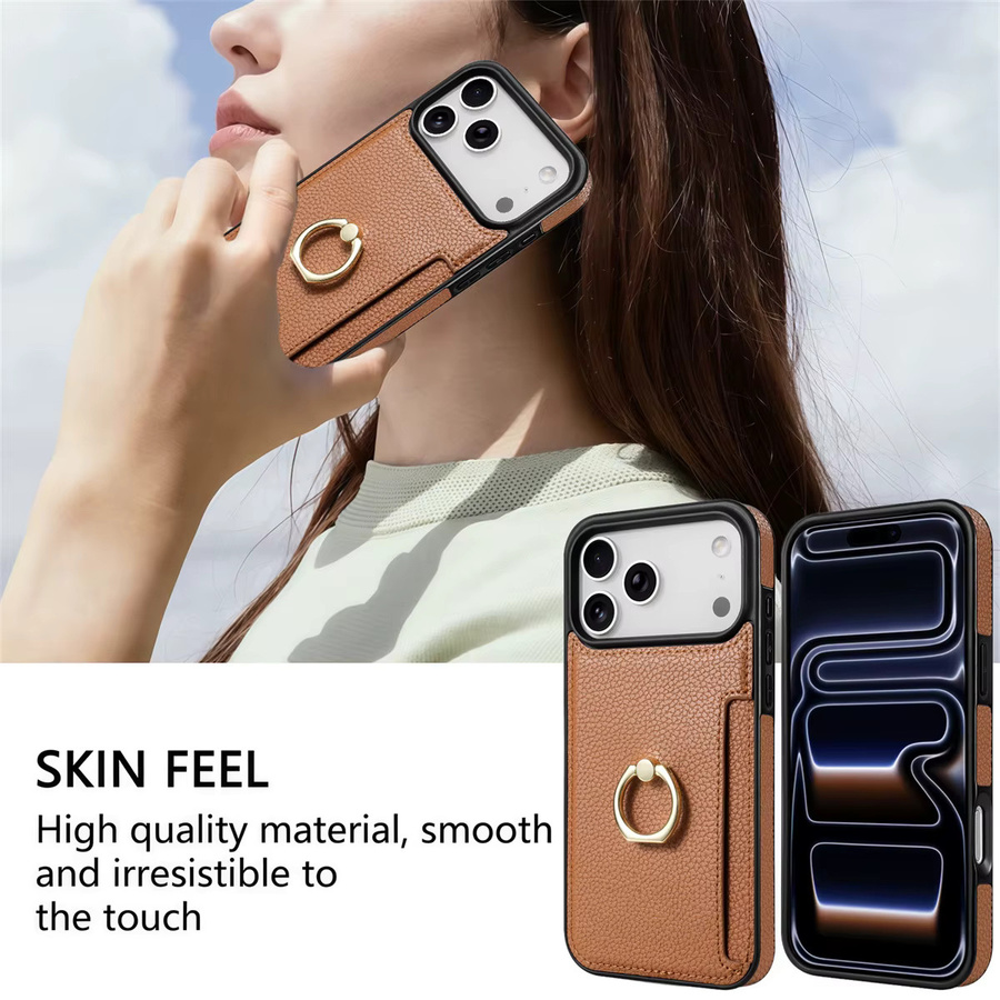 Leder Brieftasche und Kartenetui mit Ringhalter als Schutzhülle für iPhone 11 bis iPhone 17 Pro Max in Orange und Braun - Bild 4