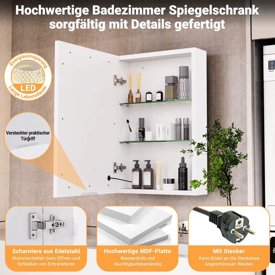 ROSAHQNDA LED-Spiegelschrank für das Badezimmer aus Edelstahl mit Glastüren und integrierter Beleuchtung, wandmontiert und modern - Bild 2