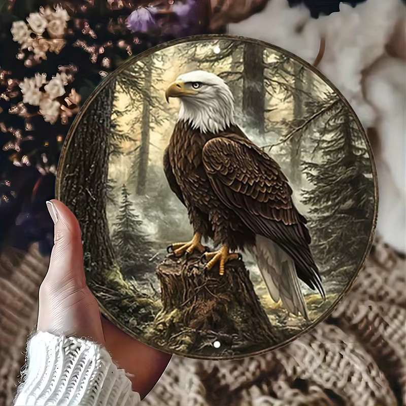 Potdemiel Majestic Bald Eagle Aluminium-Metall-Wandkunst, rundes Schild im rustikalen Wald-Design, Mehrfarbig, Durchmesser: 20 cm - Bild 3