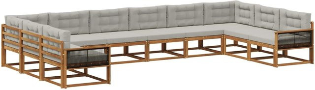 vidaXL Outdoor-Sofagarnitur in U-Form aus massivem Akazienholz mit Polstern und Kissen in Natur und Hellgrau - Bild 1