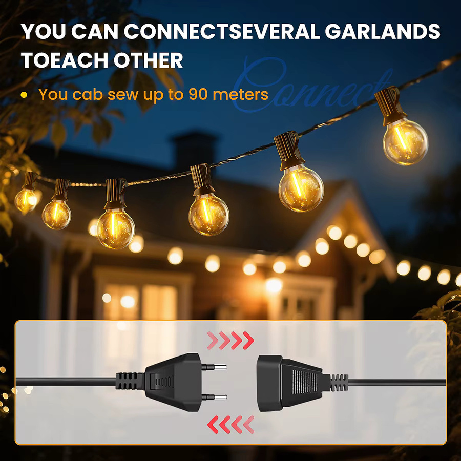 Aiopp G40 LED-Kugel-Lichterkette für den Außenbereich, wasserdichte Glaskugeln in Transparent, warmweißes Licht, verbindbare Hängelampe für Garten und Balkon, Schwarz - Bild 3