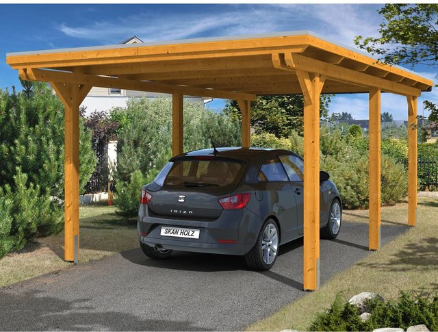 Skan Holz Carport Emsland aus Fichte Leimholz in Braun mit flacher Dachform, B: 354 cm, T: 604 cm, H: 238 cm - Bild 1