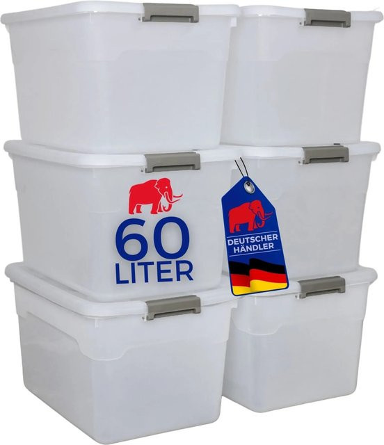Proregal Aufbewahrungsboxen mit Deckel im 6er Set, transparent, 60 l, stapelbare Kunststoffboxen mit Rollen und Verschlussclips - Bild 1