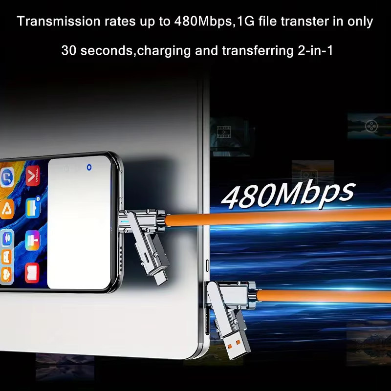 KADIXI 4-in-1 USB-Schnellladekabel mit 100 W für iPhone, Samsung, Xiaomi und USB Typ C Tablets in Schwarz und Orange - Bild 4