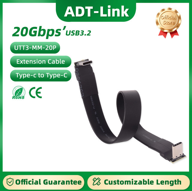 ADT-Link USB 3.2 Typ C auf Typ C Verlängerungskabel Gen2x2 Black Flat Soft Strip Data Flexibles Kabel - Bild 1