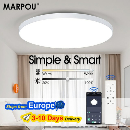 MARPOU Smart LED-Deckenleuchte in Weiß mit App- und Fernbedienung, moderne runde Deckenlampe für Wohnzimmer und Schlafzimmer