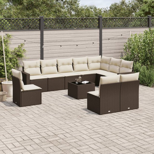 vidaXL 11-tlg. Garten-Sofagarnitur in L-Form aus braunem PE-Rattan mit UV-beständigen Polsterkissen und pulverbeschichtetem Stahlgestell - Bild 3