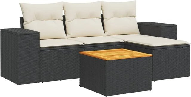 vidaXL 5-tlg Garten-Sofagarnitur aus Poly-Rattan und Akazienholz in Schwarz mit cremeweißen Kissen Modell 107 - Bild 1