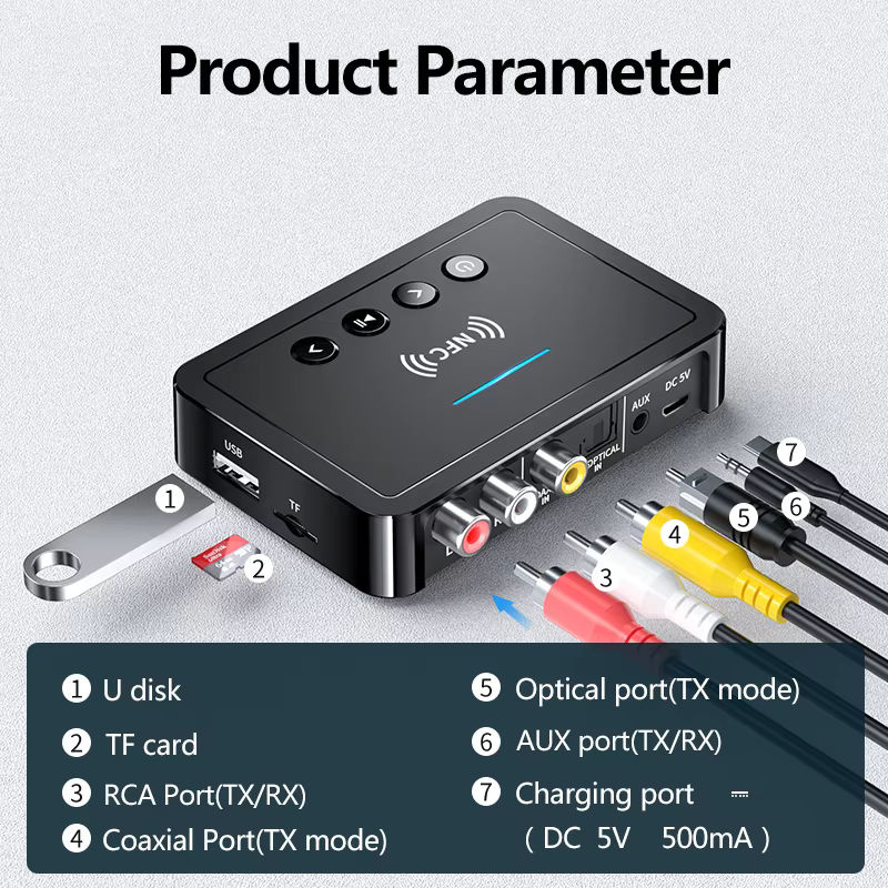 VIKEFON Bluetooth 5.0 Empfänger und Sender mit optischem Anschluss, 3,5mm Jack und RCA in Schwarz mit Fernbedienung für TV und Car Kit - Bild 3
