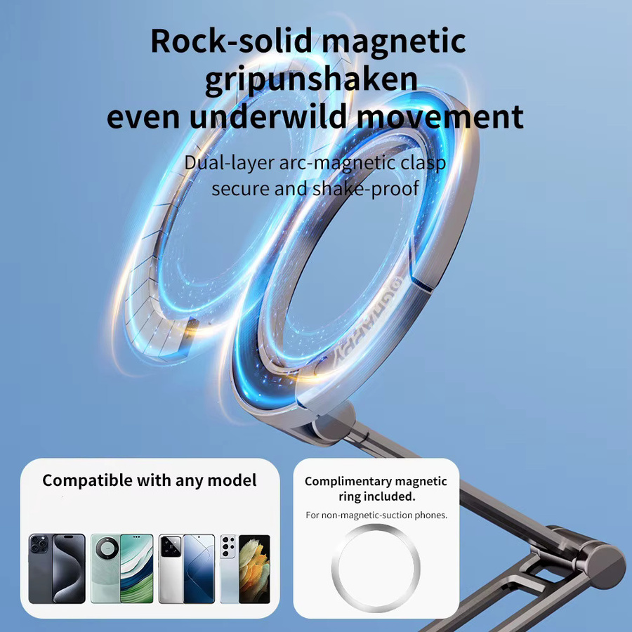 QGhappy Magnetischer Handyhalter für MagSafe Desktop, verstellbarer und zusammenklappbarer Metallständer für iPhone 17, 16, 15 Pro und Samsung, Farbe: Silber/Grau - Bild 2