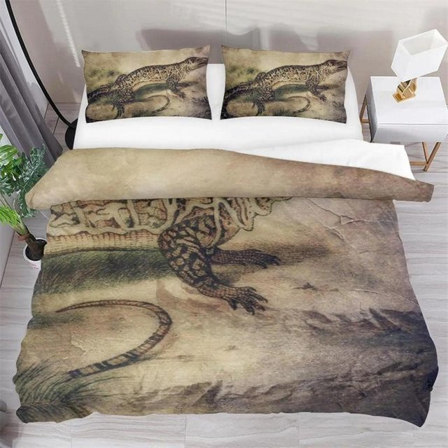 Lodestar Bettwäsche-Set mit Echsen- und Reptilien-Motiv in Lila und Braun, 3-teilig aus Mikrofaser, B/H: 173 x 218 cm - Bild 1