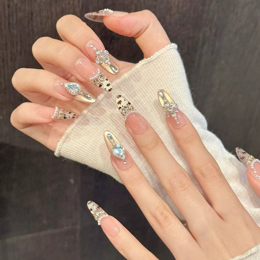 YADORNOS Kunstnägel, 10 Stück, rosa nackt, Leopardenmuster, Perlen, Strass, Damen - Bild 3