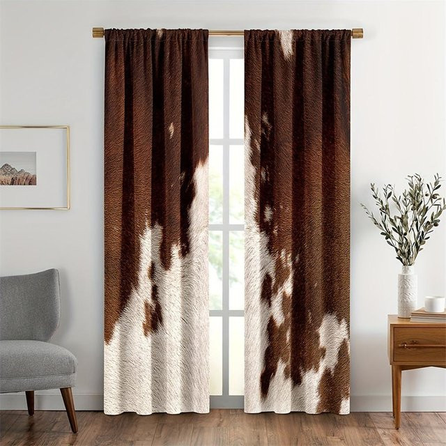 Kuhfellmuster Fenstervorhang im Western-Cowboy-Stil für Wohnbereich und Küche, 2er-Set, Braun, Breite: 65 cm, Höhe: 60 cm - Bild 1