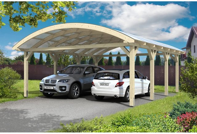 Skan Holz Carport Franken Bogendach aus Fichte Leimholz mit Doppelstegplatten, Farbe: beige, B/T: 635 x 308 cm, Höhe: 125 cm - Bild 1