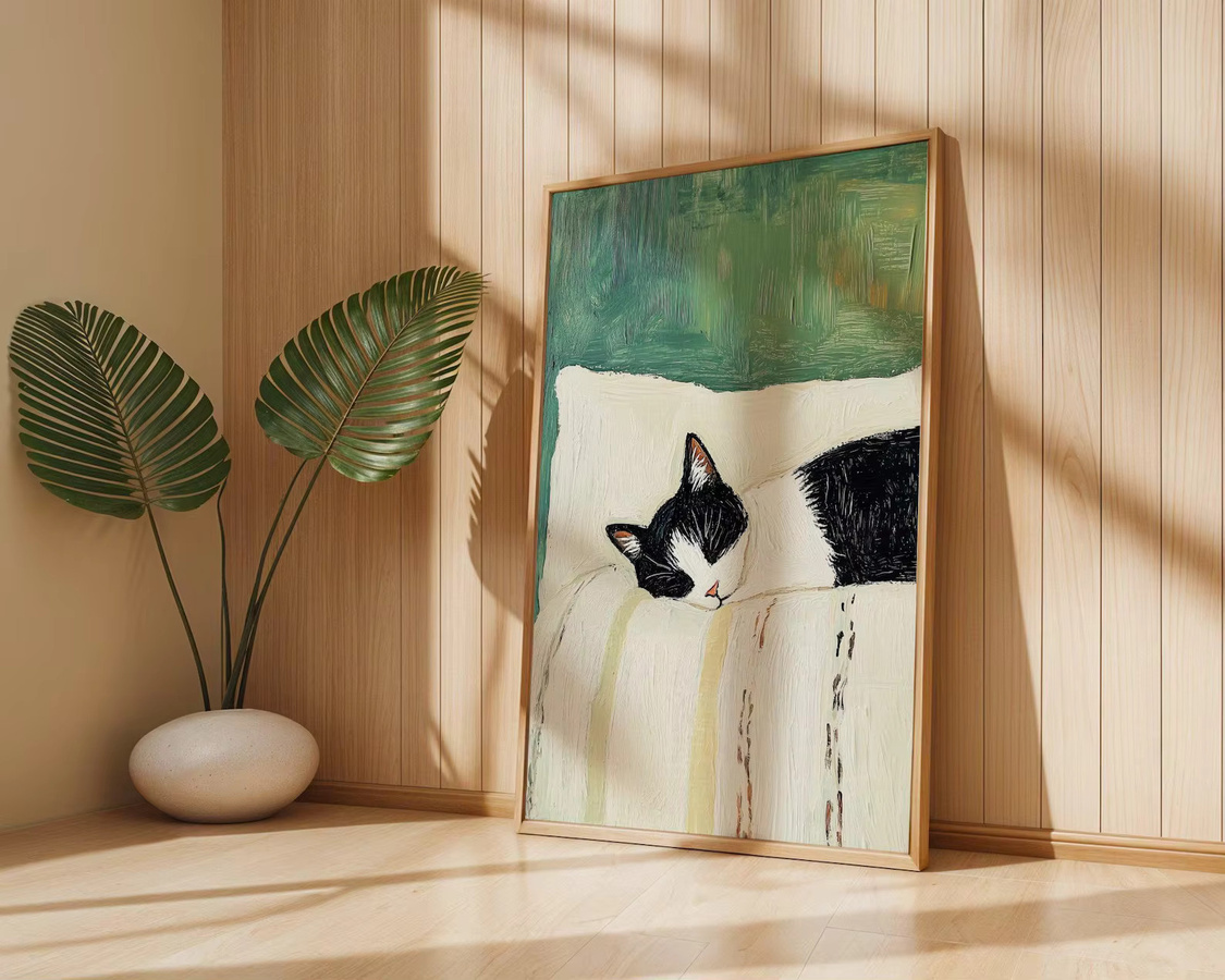 Schlafende Smokingkatze Wandkunstdruck von SHENCHEN, Schwarz-Weiß-Katzen-Poster aus Papier als moderne Dekoration - Bild 4