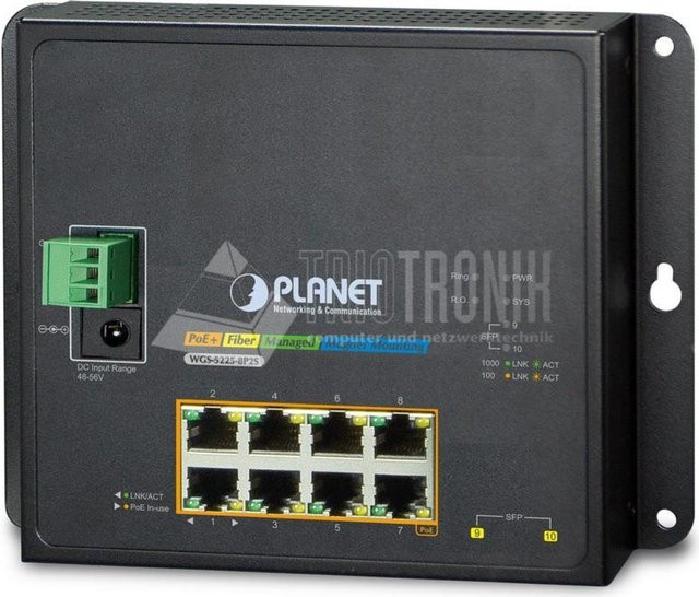 PLANET WGS-5225-8P2S Managed L4 Switch in Schwarz mit 8 x 10/100/1000 PoE+ Ports und 2 x 100/1000/2.5G Ports, DIN-Schiene und Wandmontage, 240 W PoE+ Budget, Gleichstrom - Bild 1