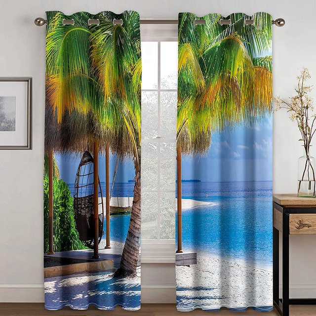 2-teiliges halbtransparentes Vorhangset Yiran Furniture mit Digitaldruck Strandgrün und blauer Himmel, Farbe Multicolour, Breite: 100 cm, Höhe: 130 cm - Bild 1