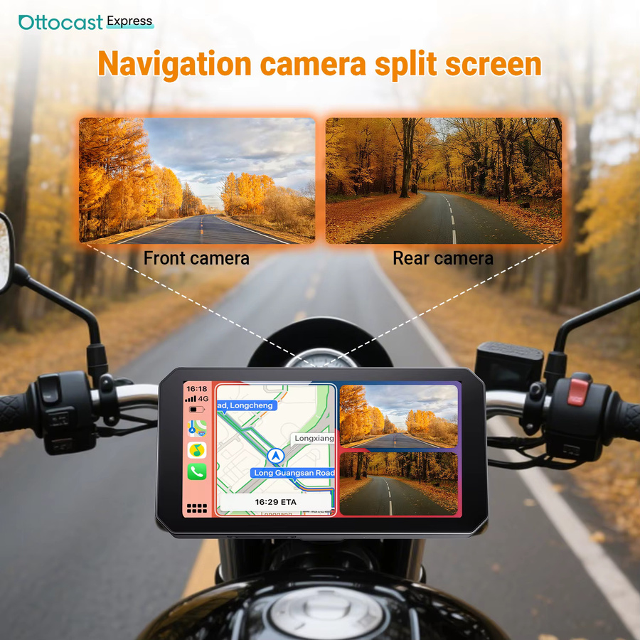 Ottocast Motorrad Smart Display Navigationssystem mit Dashcam Front- und Heckaufzeichnung, Split-Screen-Anzeige, IP67 und TPMS, Schwarz - Bild 3