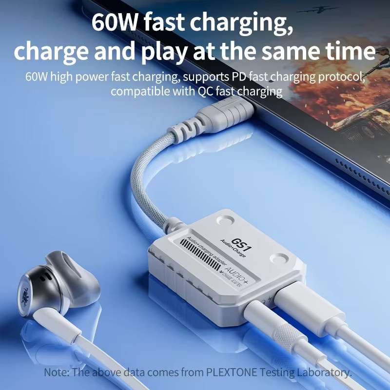 PLEXTONE GS1 USB-C auf 3,5 mm Audio-Adapter mit 60 W Ladefunktion, Farbe: Weiß, kompatibel mit iPad Pro und iPhone 15/16 - Bild 3