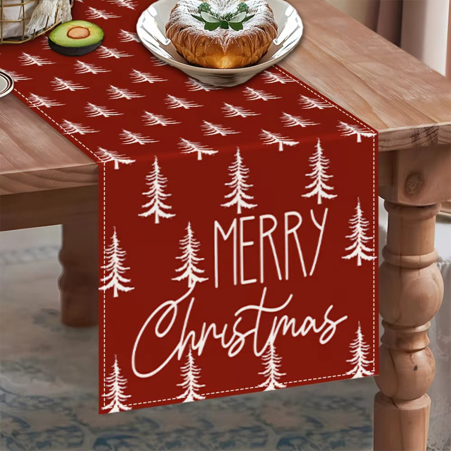 Dokriy Weihnachtstischläufer Rot mit weißen Kiefern und Weihnachtsschrift, rechteckig, B/H: 45 x 30 cm - Bild 2