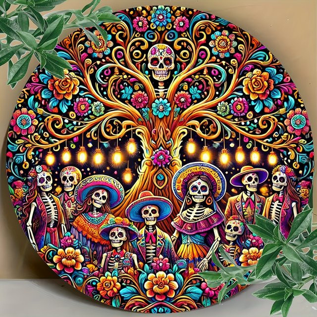 Rundes Metallschild Potdemiel Tag der Toten und Cinco de Mayo mit Vintage Totenkopf- und Blumenkranz-Design, Mehrfarbig, Durchmesser: 20 cm - Bild 1