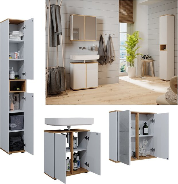 Vicco Badmöbel-Set Didi in Weiß und Eiche, 3-teilig mit Hochschrank, Badspiegelschrank und Waschbeckenunterschrank - Bild 1