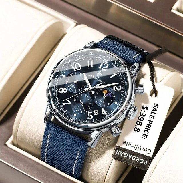 POEDAGAR Chronograph Armbanduhr, Quarz, Leder, Silver Black, Herren - Bild 1